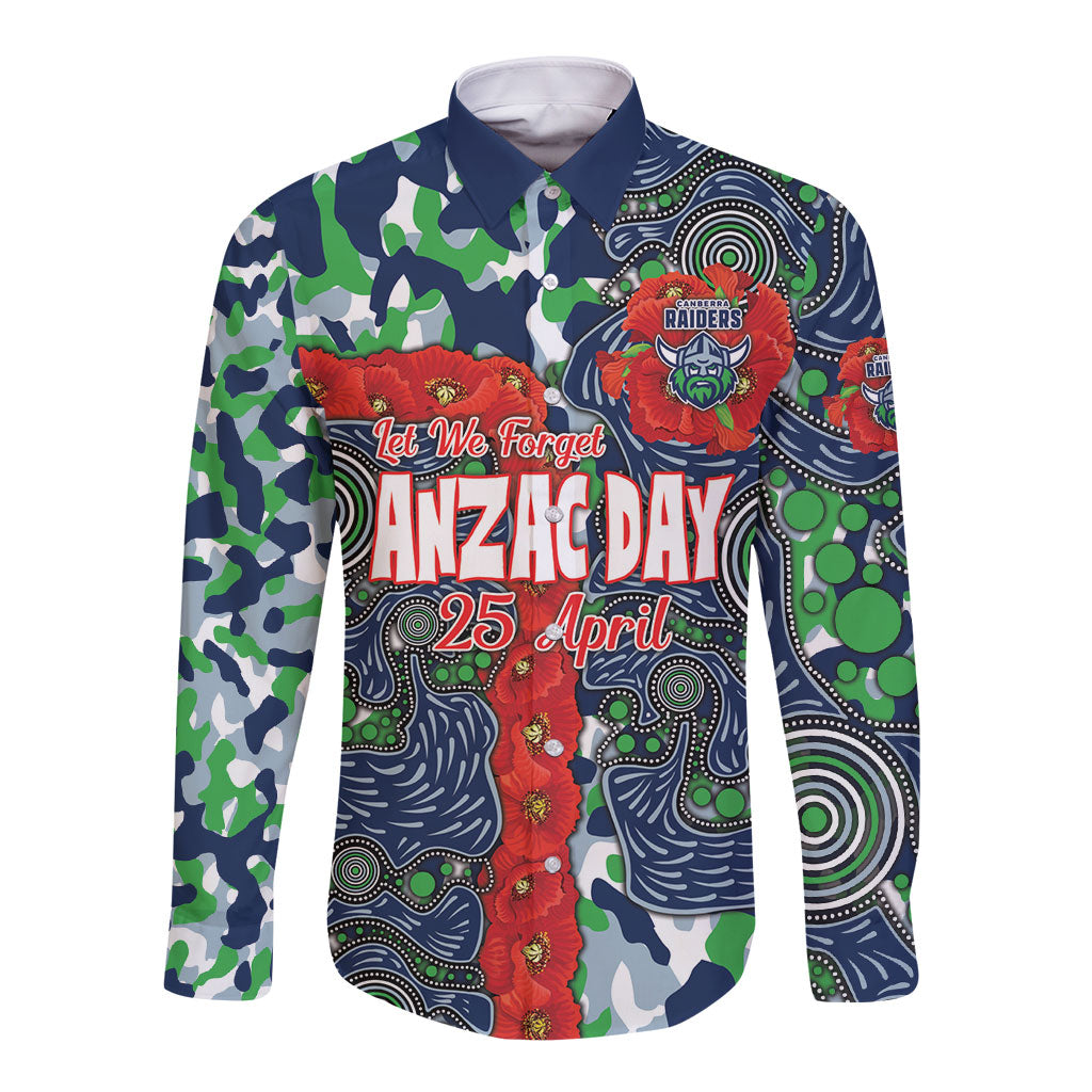 Canberra Raiders ANZAC Long Sleeve Button Shirt Indigenous Wave Pattern Poppy Remembrance Viking Warrior