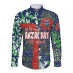 Canberra Raiders ANZAC Long Sleeve Button Shirt Indigenous Wave Pattern Poppy Remembrance Viking Warrior