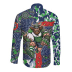 Canberra Raiders ANZAC Long Sleeve Button Shirt Indigenous Wave Pattern Poppy Remembrance Viking Warrior