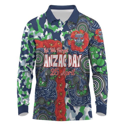 Canberra Raiders ANZAC Long Sleeve Polo Shirt Indigenous Wave Pattern Poppy Remembrance Viking Warrior