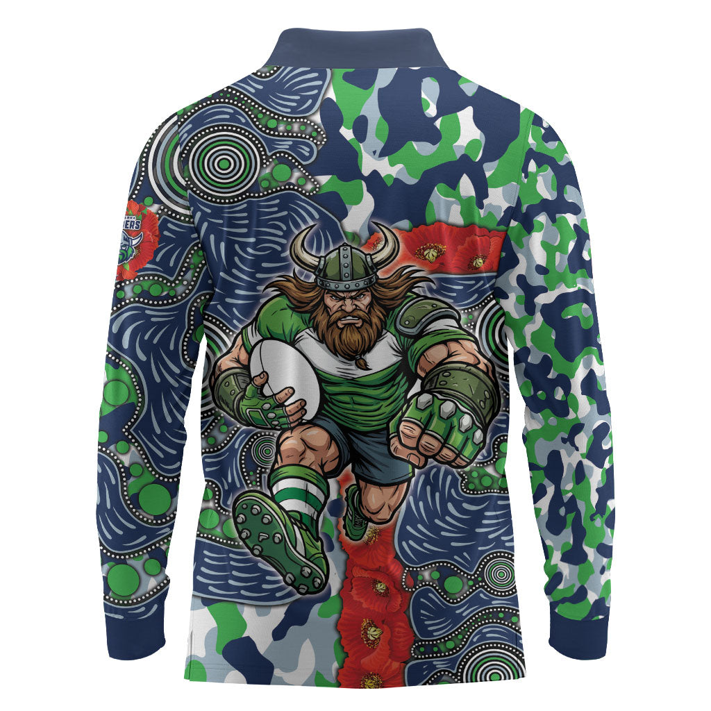 Canberra Raiders ANZAC Long Sleeve Polo Shirt Indigenous Wave Pattern Poppy Remembrance Viking Warrior