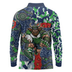 Canberra Raiders ANZAC Long Sleeve Polo Shirt Indigenous Wave Pattern Poppy Remembrance Viking Warrior