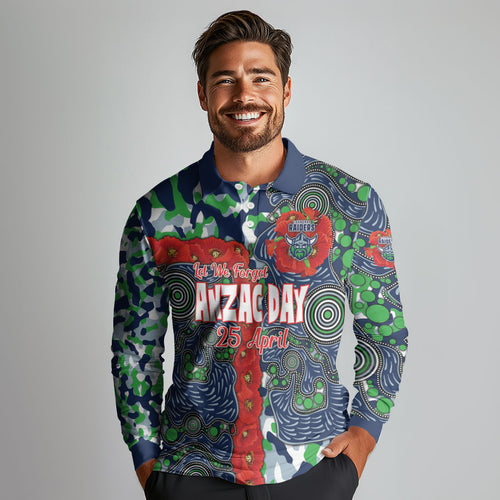Canberra Raiders ANZAC Long Sleeve Polo Shirt Indigenous Wave Pattern Poppy Remembrance Viking Warrior