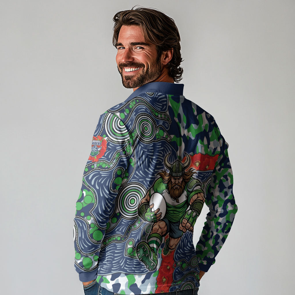 Canberra Raiders ANZAC Long Sleeve Polo Shirt Indigenous Wave Pattern Poppy Remembrance Viking Warrior