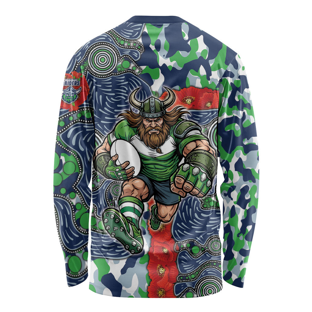 Canberra Raiders ANZAC Long Sleeve Shirt Indigenous Wave Pattern Poppy Remembrance Viking Warrior