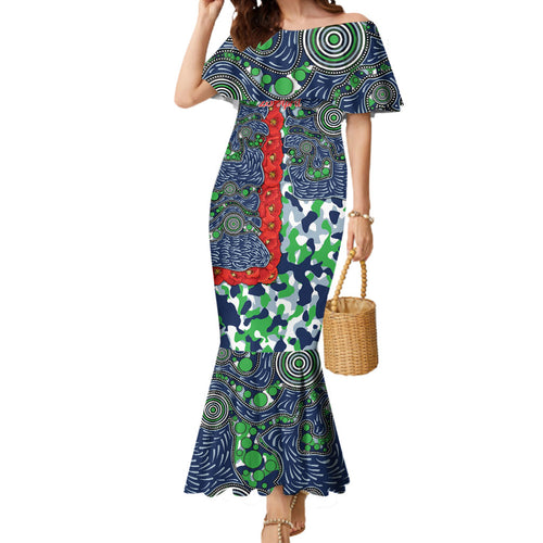 Canberra Raiders ANZAC Mermaid Dress Indigenous Wave Pattern Poppy Remembrance Viking Warrior