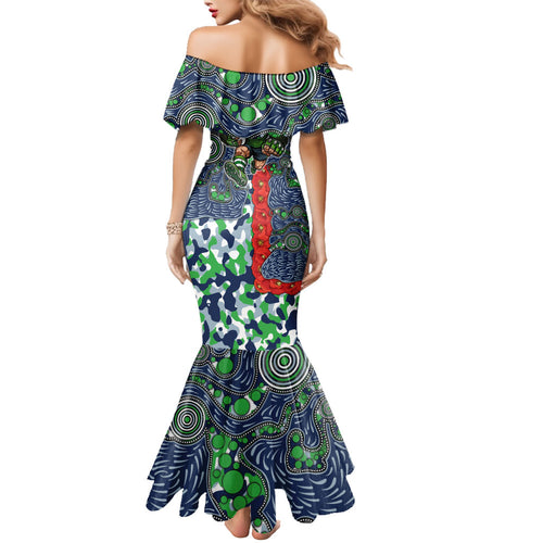 Canberra Raiders ANZAC Mermaid Dress Indigenous Wave Pattern Poppy Remembrance Viking Warrior