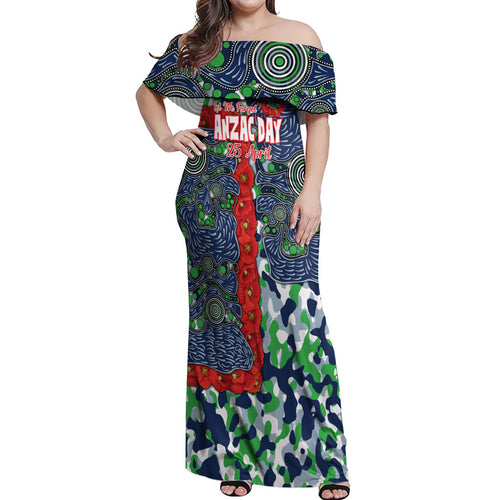 Canberra Raiders ANZAC Off Shoulder Maxi Dress Indigenous Wave Pattern Poppy Remembrance Viking Warrior