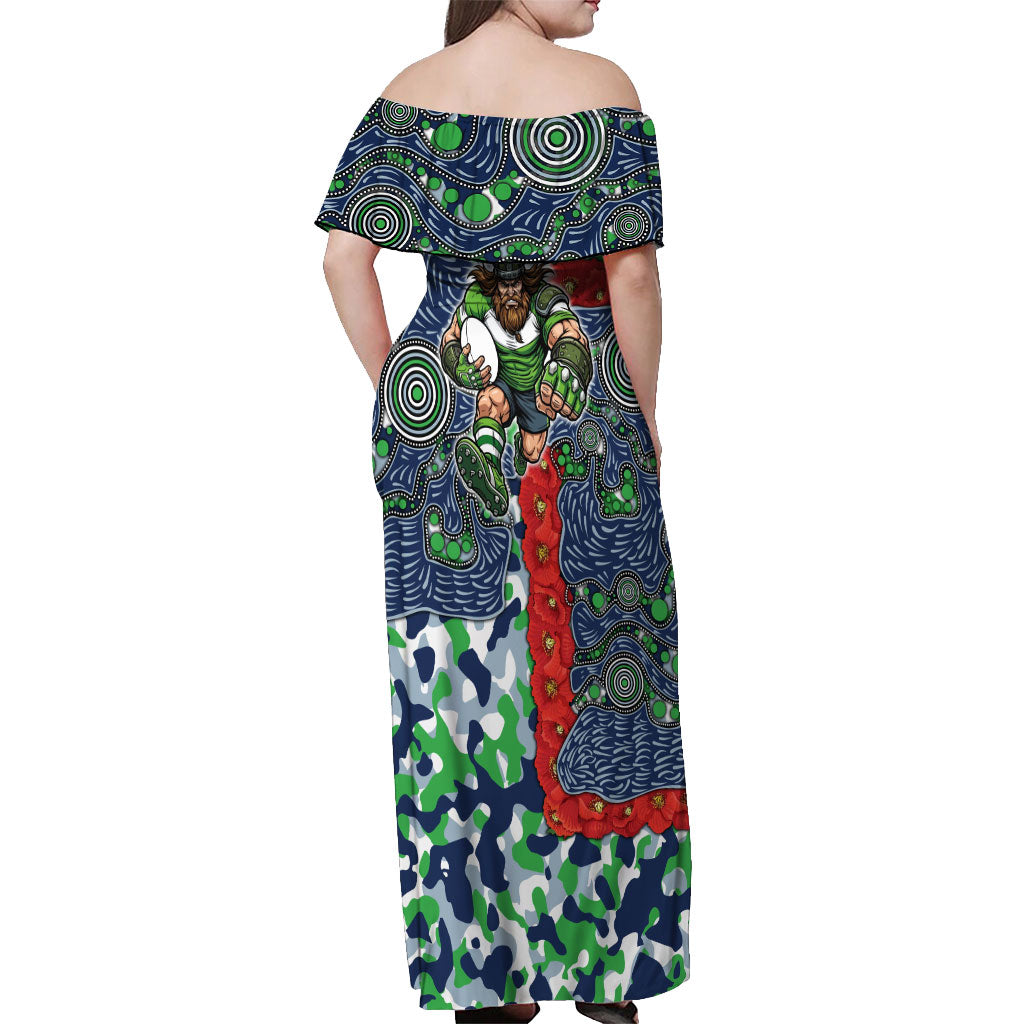 Canberra Raiders ANZAC Off Shoulder Maxi Dress Indigenous Wave Pattern Poppy Remembrance Viking Warrior