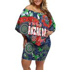 Canberra Raiders ANZAC Off Shoulder Short Dress Indigenous Wave Pattern Poppy Remembrance Viking Warrior