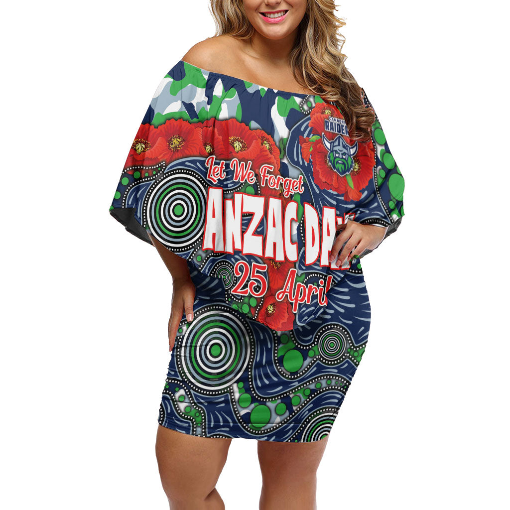 Canberra Raiders ANZAC Off Shoulder Short Dress Indigenous Wave Pattern Poppy Remembrance Viking Warrior