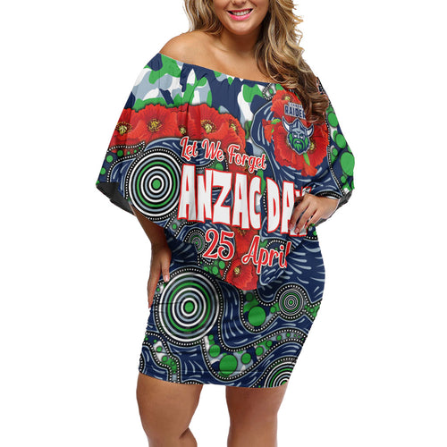 Canberra Raiders ANZAC Off Shoulder Short Dress Indigenous Wave Pattern Poppy Remembrance Viking Warrior