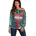 Canberra Raiders ANZAC Off Shoulder Sweater Indigenous Wave Pattern Poppy Remembrance Viking Warrior