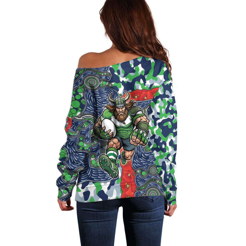 Canberra Raiders ANZAC Off Shoulder Sweater Indigenous Wave Pattern Poppy Remembrance Viking Warrior