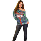 Canberra Raiders ANZAC Off Shoulder Sweater Indigenous Wave Pattern Poppy Remembrance Viking Warrior