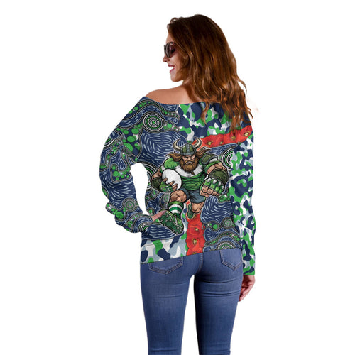 Canberra Raiders ANZAC Off Shoulder Sweater Indigenous Wave Pattern Poppy Remembrance Viking Warrior