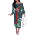 Canberra Raiders ANZAC Off The Shoulder Long Sleeve Dress Indigenous Wave Pattern Poppy Remembrance Viking Warrior