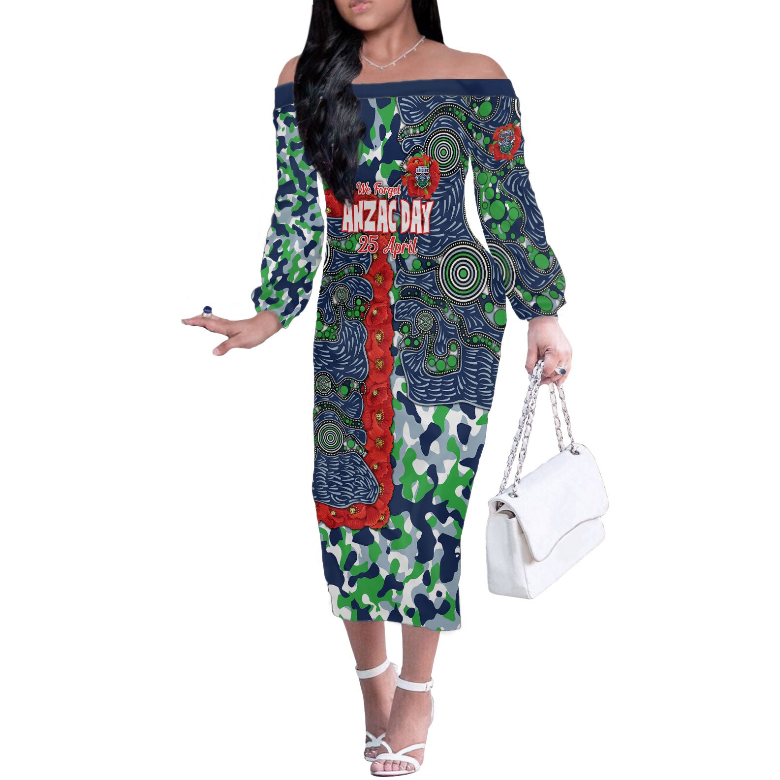 Canberra Raiders ANZAC Off The Shoulder Long Sleeve Dress Indigenous Wave Pattern Poppy Remembrance Viking Warrior