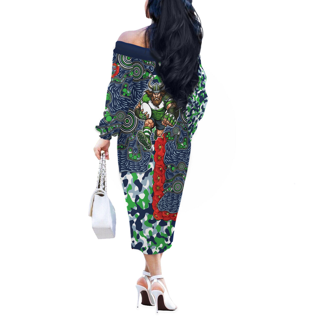 Canberra Raiders ANZAC Off The Shoulder Long Sleeve Dress Indigenous Wave Pattern Poppy Remembrance Viking Warrior