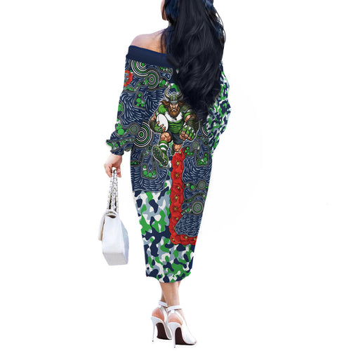 Canberra Raiders ANZAC Off The Shoulder Long Sleeve Dress Indigenous Wave Pattern Poppy Remembrance Viking Warrior