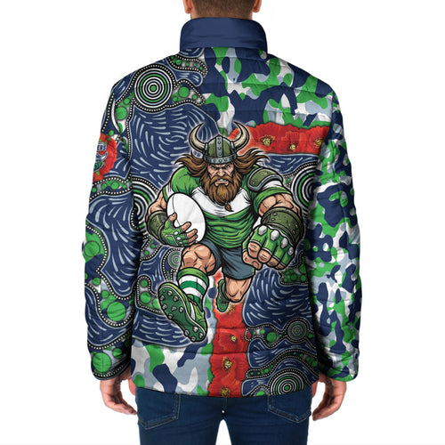 Canberra Raiders ANZAC Padded Jacket Indigenous Wave Pattern Poppy Remembrance Viking Warrior
