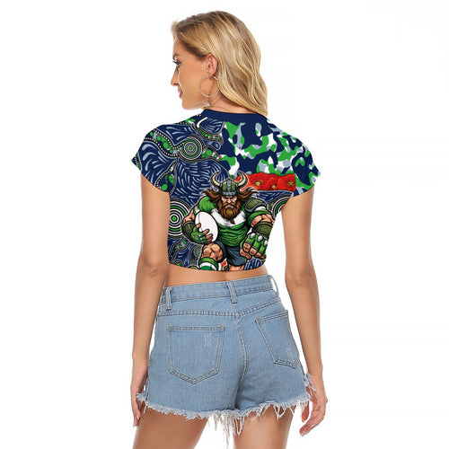 Canberra Raiders ANZAC Raglan Cropped T Shirt Indigenous Wave Pattern Poppy Remembrance Viking Warrior