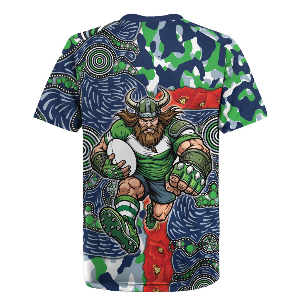 Canberra Raiders ANZAC Rugby Jersey Indigenous Wave Pattern Poppy Remembrance Viking Warrior