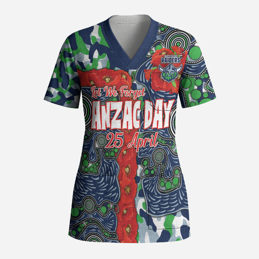 Canberra Raiders ANZAC Scrub Top Indigenous Wave Pattern Poppy Remembrance Viking Warrior