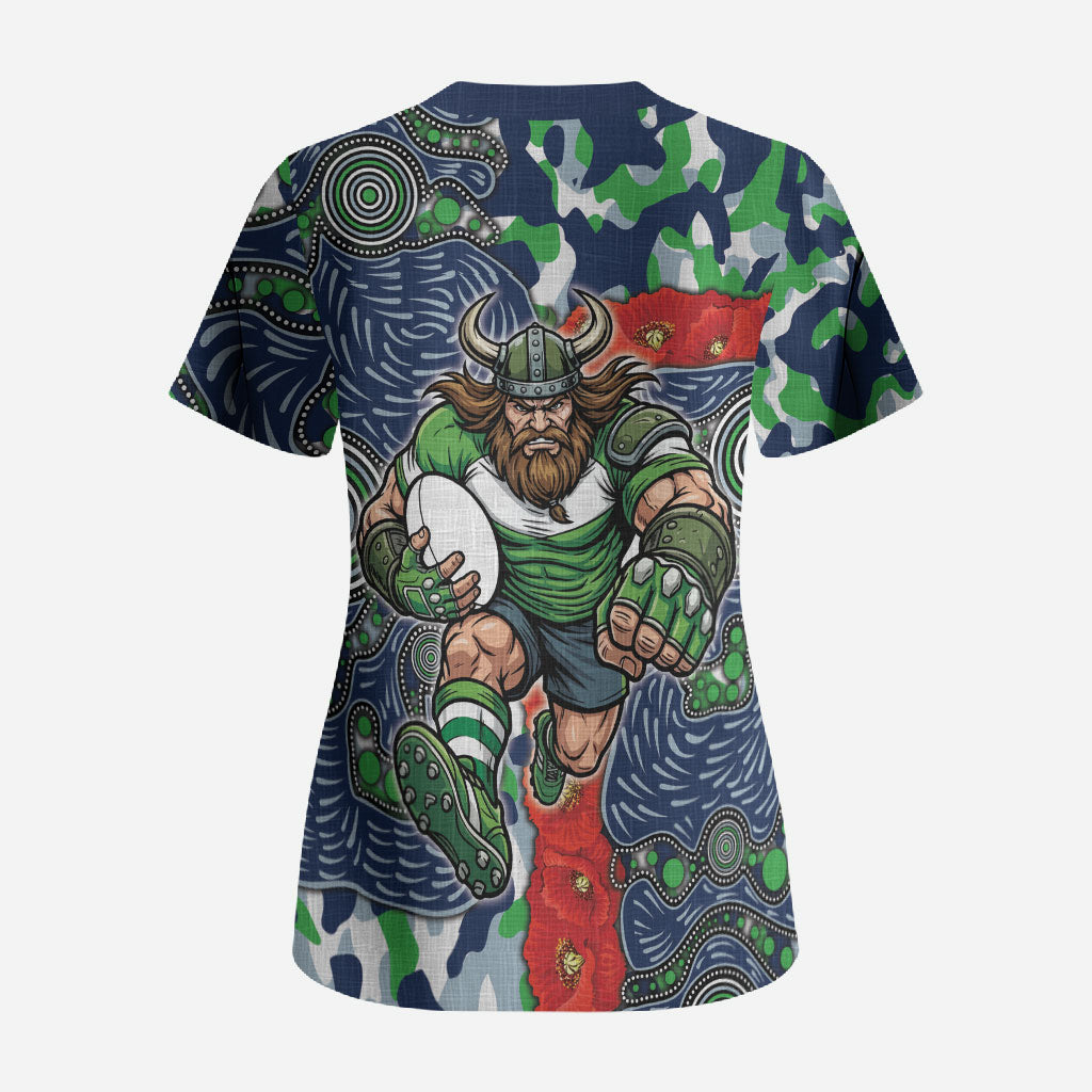 Canberra Raiders ANZAC Scrub Top Indigenous Wave Pattern Poppy Remembrance Viking Warrior