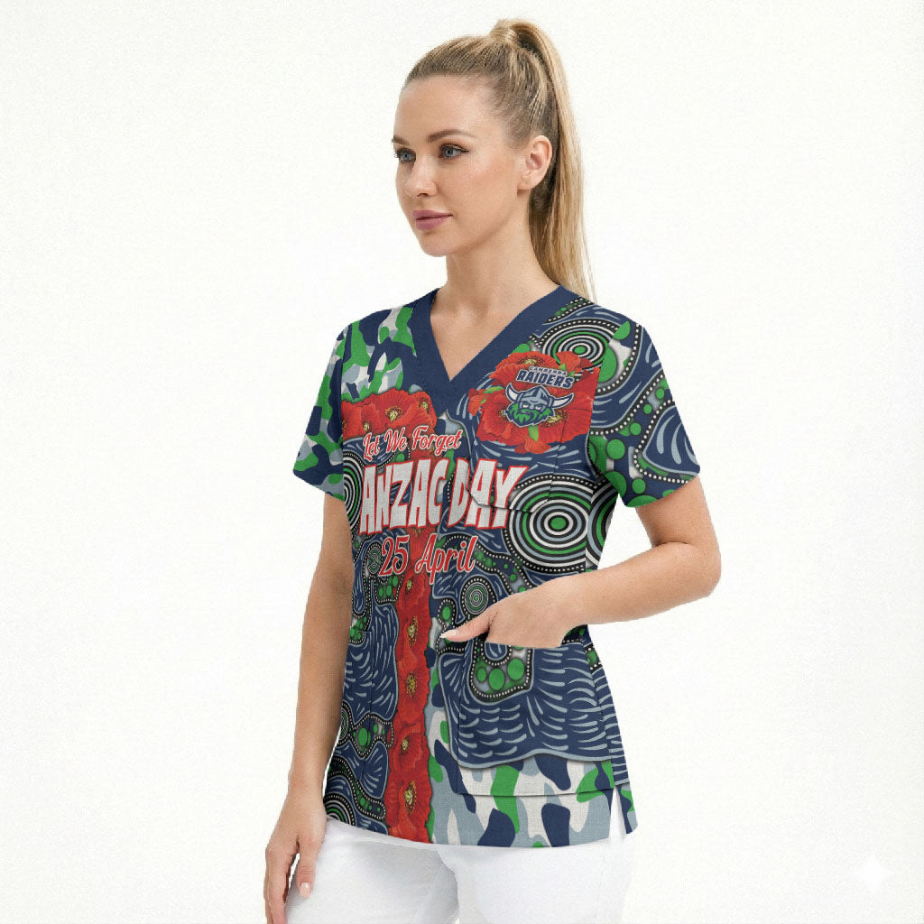 Canberra Raiders ANZAC Scrub Top Indigenous Wave Pattern Poppy Remembrance Viking Warrior