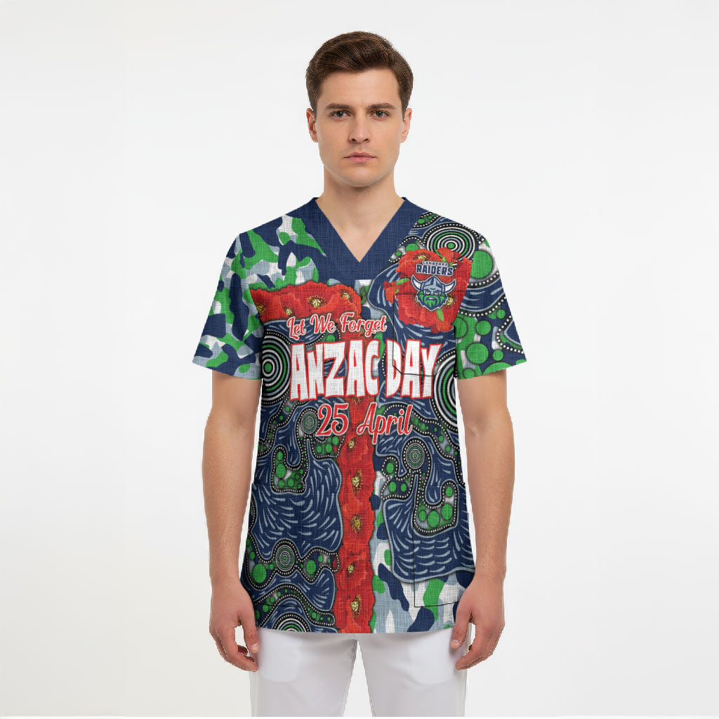 Canberra Raiders ANZAC Scrub Top Indigenous Wave Pattern Poppy Remembrance Viking Warrior