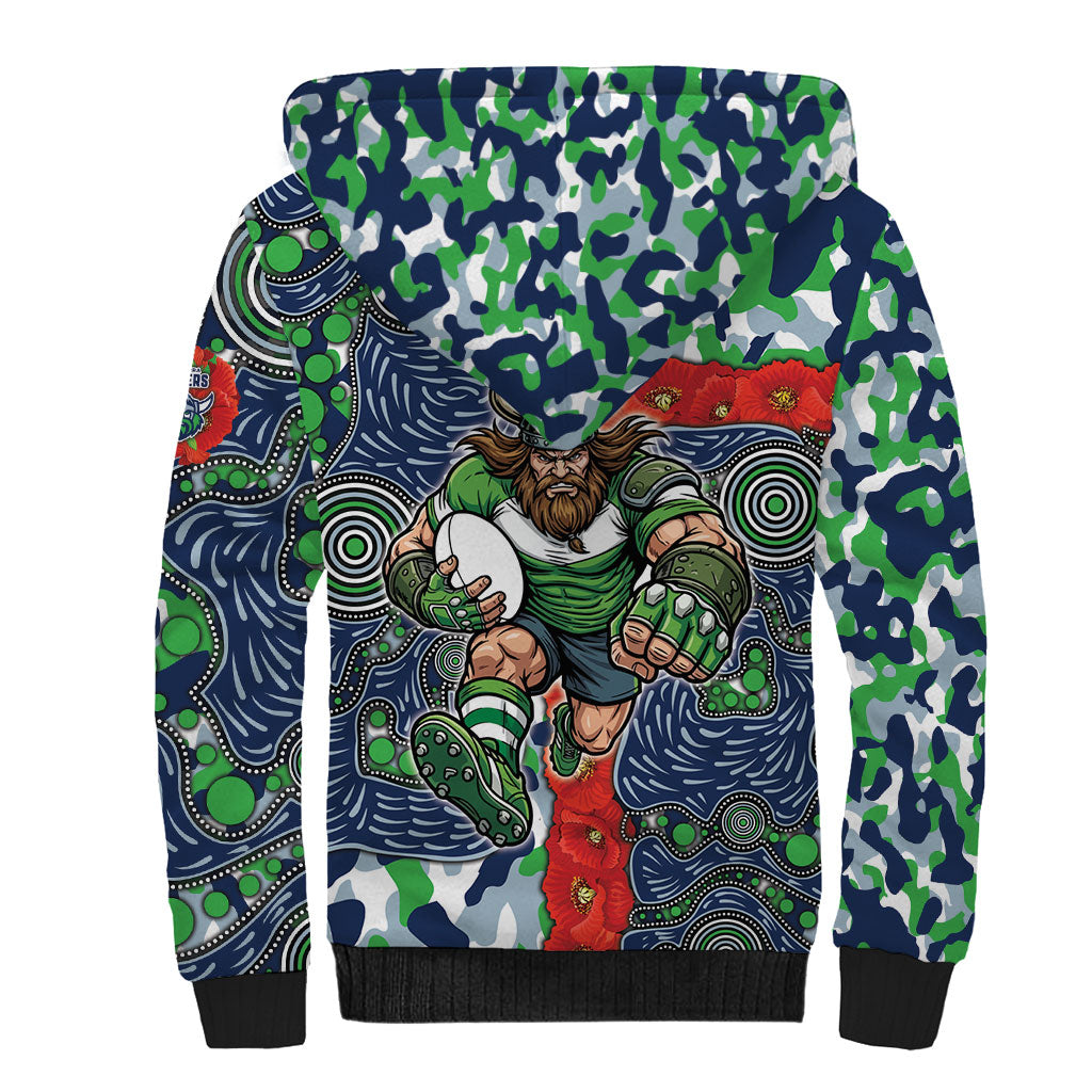 Canberra Raiders ANZAC Sherpa Hoodie Indigenous Wave Pattern Poppy Remembrance Viking Warrior