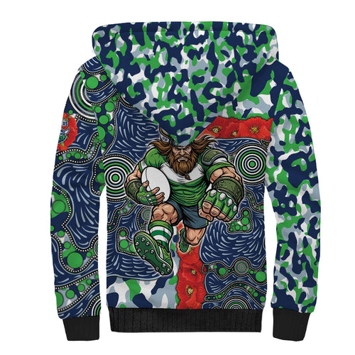 Canberra Raiders ANZAC Sherpa Hoodie Indigenous Wave Pattern Poppy Remembrance Viking Warrior