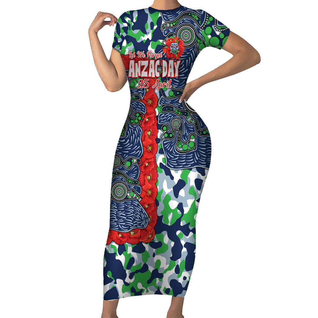Canberra Raiders ANZAC Short Sleeve Bodycon Dress Indigenous Wave Pattern Poppy Remembrance Viking Warrior