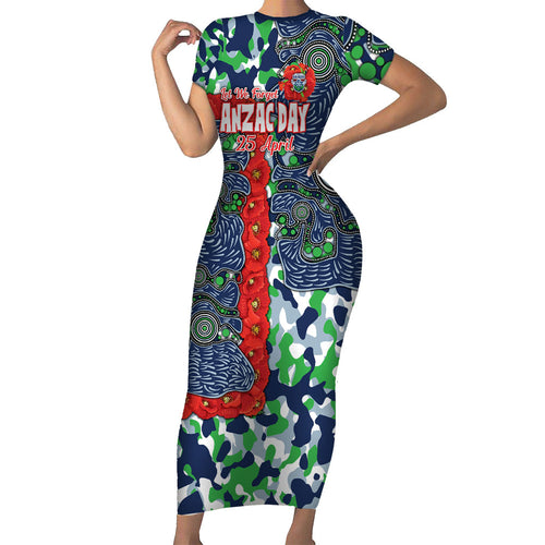 Canberra Raiders ANZAC Short Sleeve Bodycon Dress Indigenous Wave Pattern Poppy Remembrance Viking Warrior