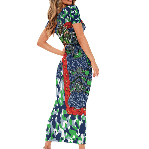 Canberra Raiders ANZAC Short Sleeve Bodycon Dress Indigenous Wave Pattern Poppy Remembrance Viking Warrior