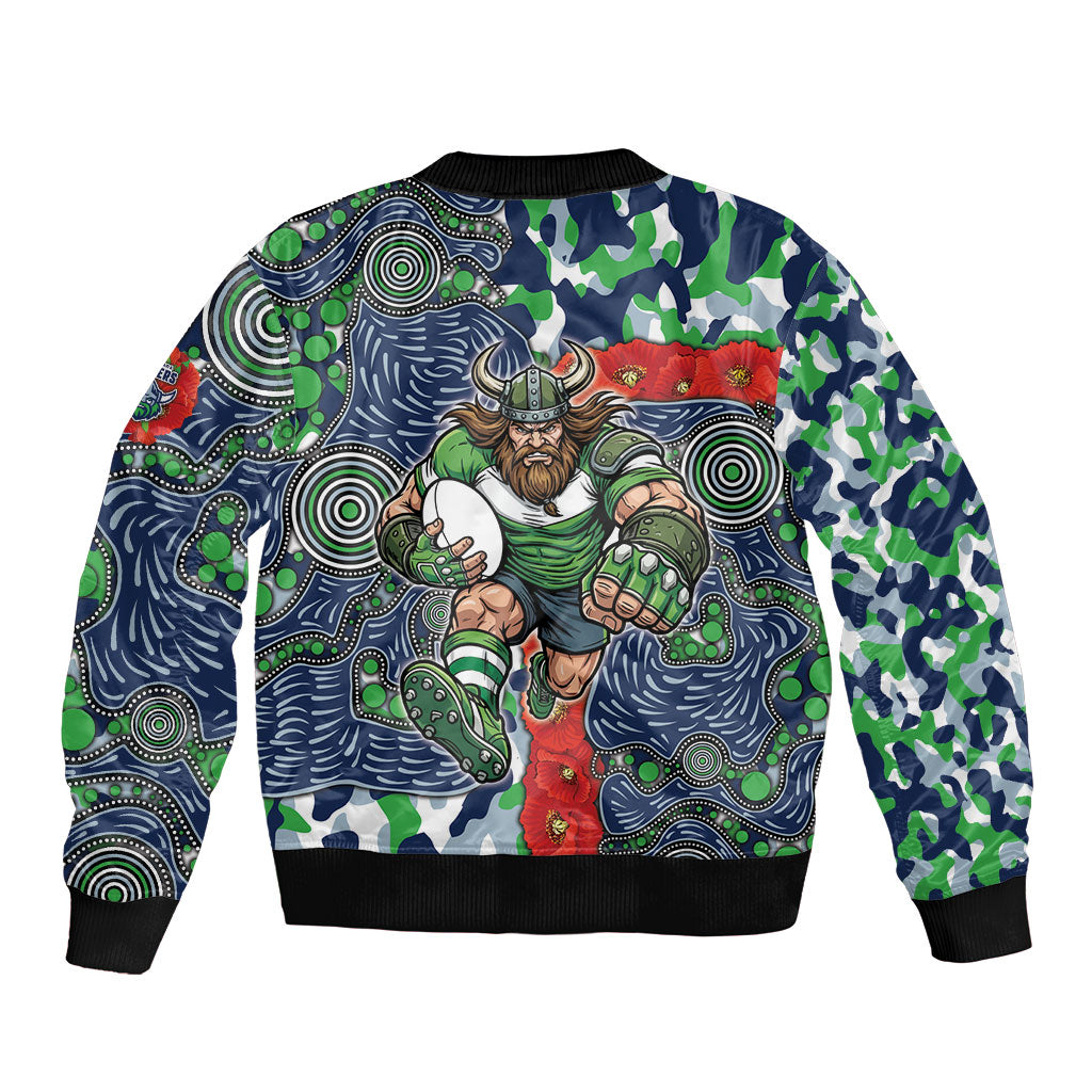 Canberra Raiders ANZAC Sleeve Zip Bomber Jacket Indigenous Wave Pattern Poppy Remembrance Viking Warrior