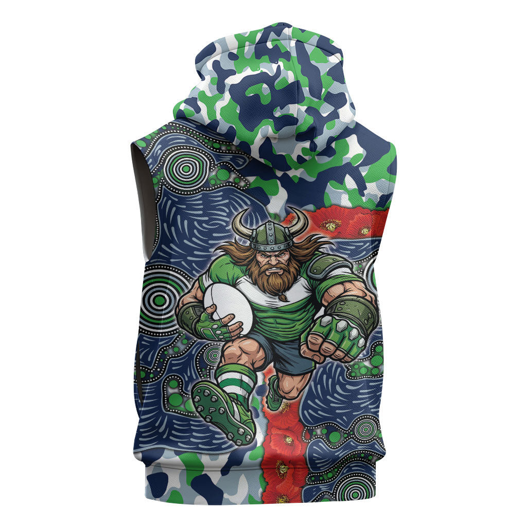 Canberra Raiders ANZAC Sleeveless Hoodie Indigenous Wave Pattern Poppy Remembrance Viking Warrior