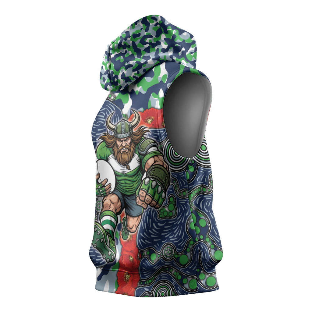 Canberra Raiders ANZAC Sleeveless Hoodie Indigenous Wave Pattern Poppy Remembrance Viking Warrior