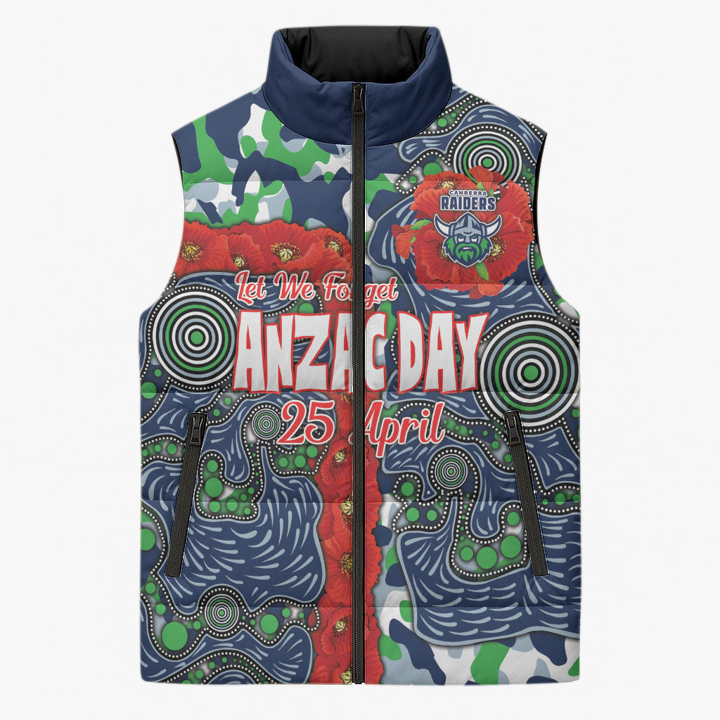 Canberra Raiders ANZAC Sleeveless Puffer Jacket Indigenous Wave Pattern Poppy Remembrance Viking Warrior