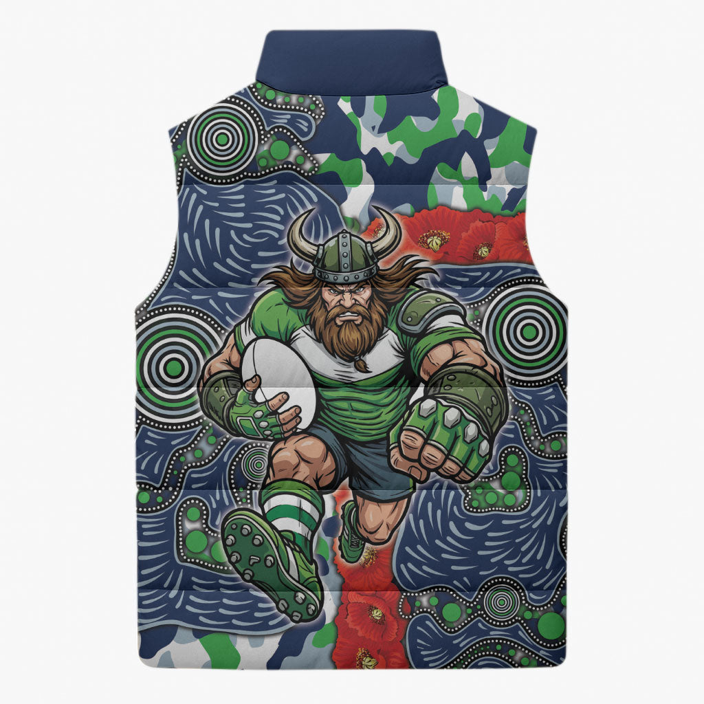 Canberra Raiders ANZAC Sleeveless Puffer Jacket Indigenous Wave Pattern Poppy Remembrance Viking Warrior
