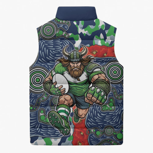 Canberra Raiders ANZAC Sleeveless Puffer Jacket Indigenous Wave Pattern Poppy Remembrance Viking Warrior