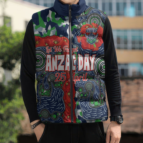 Canberra Raiders ANZAC Sleeveless Puffer Jacket Indigenous Wave Pattern Poppy Remembrance Viking Warrior