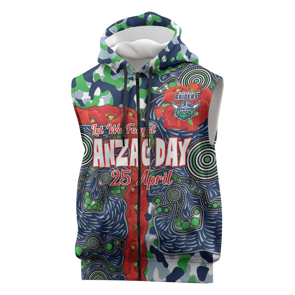 Canberra Raiders ANZAC Sleeveless Zip Hoodie Indigenous Wave Pattern Poppy Remembrance Viking Warrior