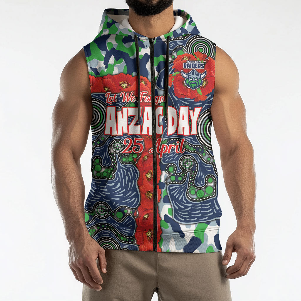 Canberra Raiders ANZAC Sleeveless Zip Hoodie Indigenous Wave Pattern Poppy Remembrance Viking Warrior