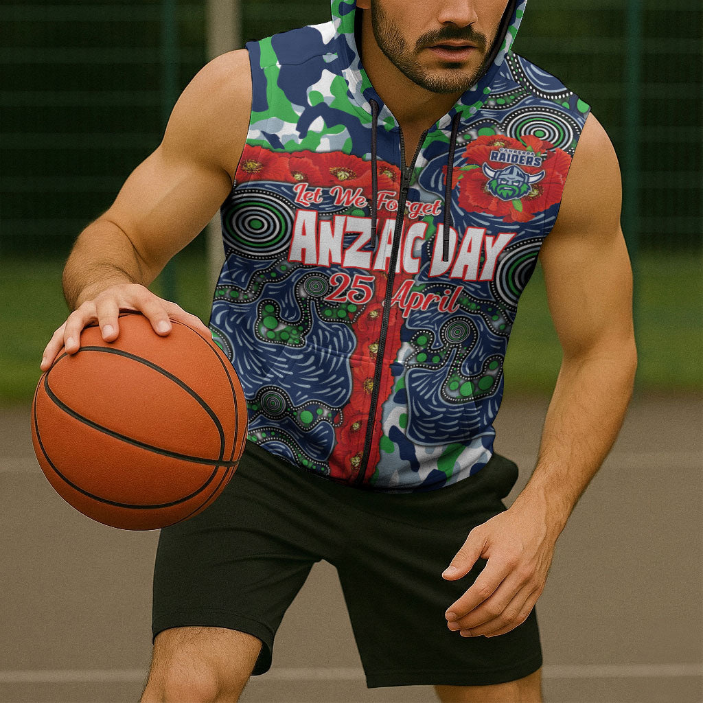 Canberra Raiders ANZAC Sleeveless Zip Hoodie Indigenous Wave Pattern Poppy Remembrance Viking Warrior