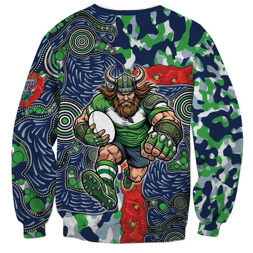 Canberra Raiders ANZAC Sweatshirt Indigenous Wave Pattern Poppy Remembrance Viking Warrior