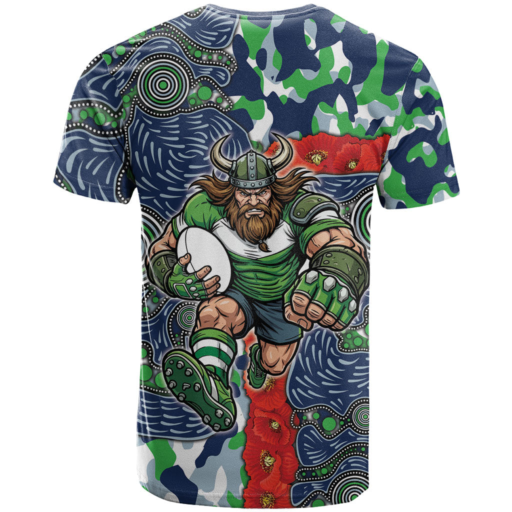 Canberra Raiders ANZAC T Shirt Indigenous Wave Pattern Poppy Remembrance Viking Warrior