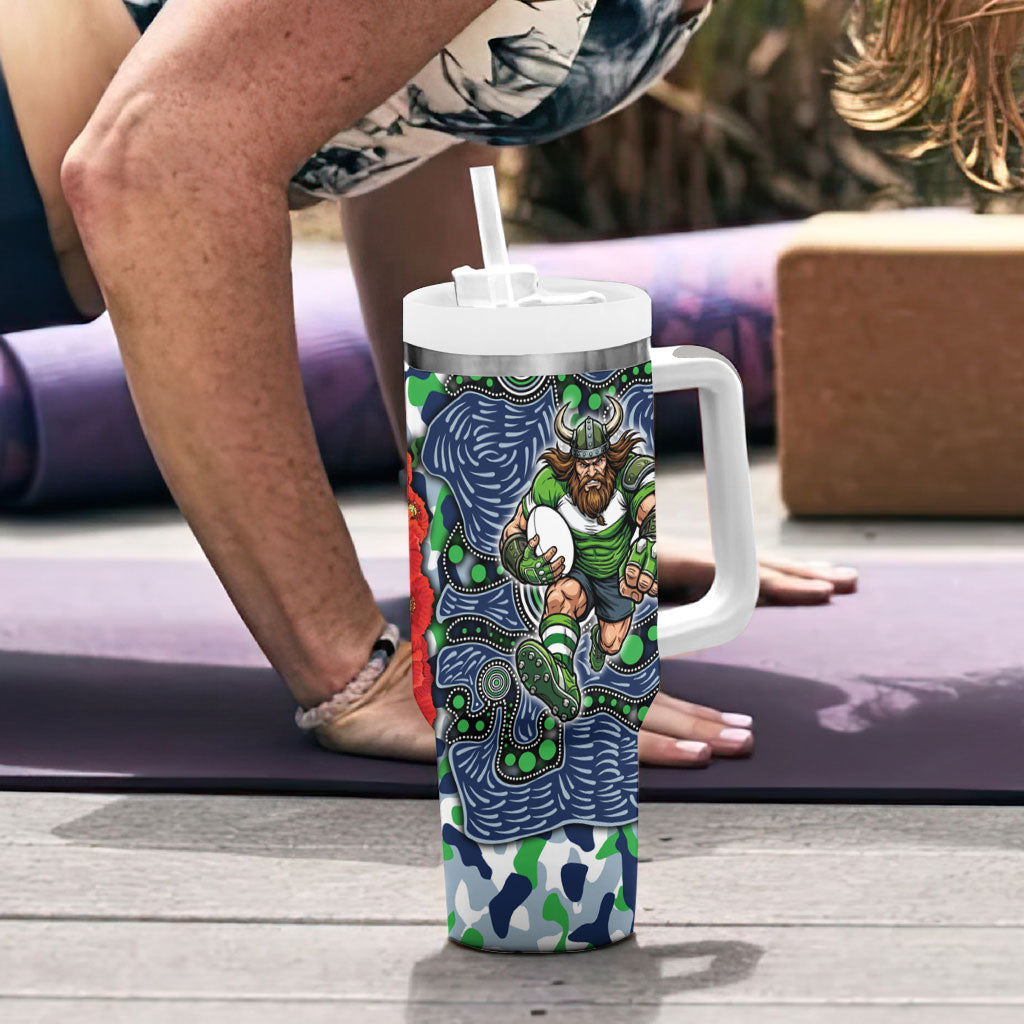 Canberra Raiders ANZAC Tumbler With Handle Indigenous Wave Pattern Poppy Remembrance Viking Warrior