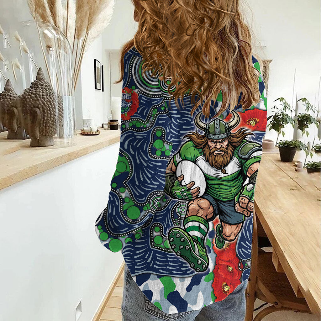 Canberra Raiders ANZAC Women Casual Shirt Indigenous Wave Pattern Poppy Remembrance Viking Warrior